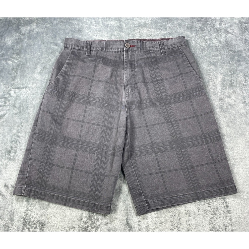 Burnside‎ Shorts Mens 34 Gray Black Plaid Flat Front Casual Cotton Blend Summer